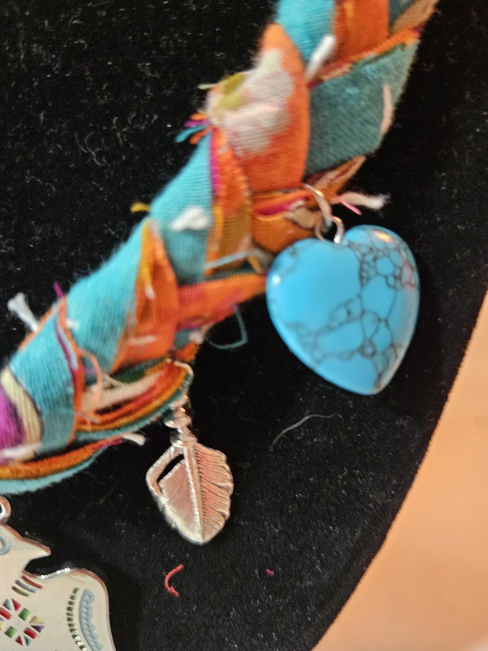 Turquoise Braided Kantha Fabric Charm Necklace with Silver Pendants